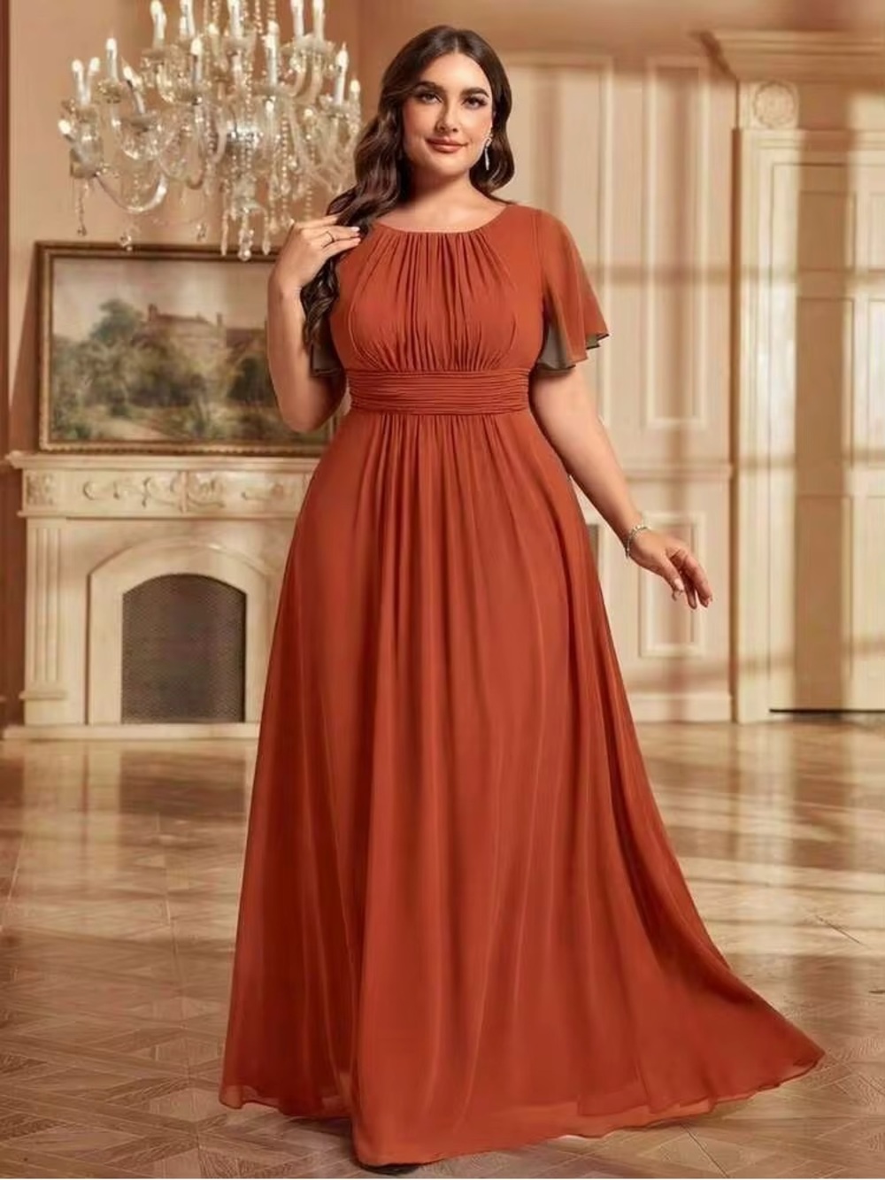 EVERPRETTY Plus Size Elegant Chiffon Maxi Bridesmaid Dress In Orange XXL Size 12